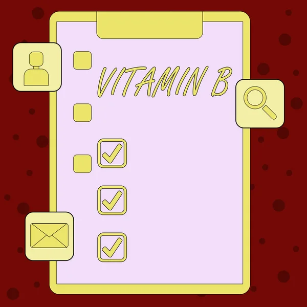 Texto para caligrafia Vitamina B Conceito significado Altamente importantes fontes e benefícios de nutrientes folato Clipboard com Tick Box e 3 ícones de aplicativos para avaliação, atualizações, lembrete . — Fotografia de Stock