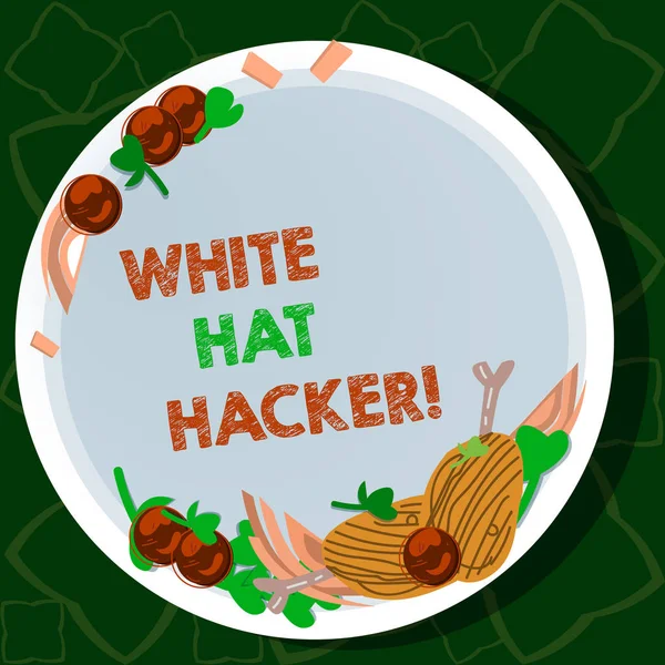 Handwriting text writing White Hat Hacker. Concept meaning Computer security expert specialist in penetration testing Hand Drawn Lamb Chops Herb Spice Cherry Tomatoes on Blank Color Plate.