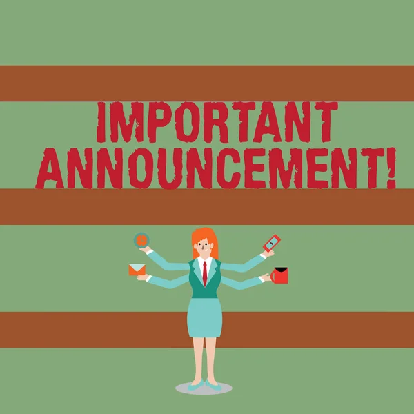 Writing note showing Important Announcement. Business photo showcasing spoken statement that tells showing about something Woman with Four Arms Extending Sideways Workers Needed Item. — Stock Photo, Image