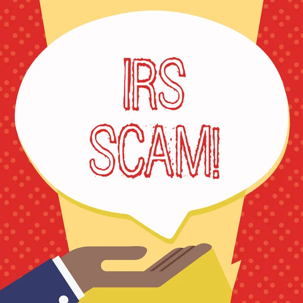 Tekst teken weergegeven: Irs Scam. Conceptuele foto betrekken oplichters richten belastingbetalers te doen alsof zijn interne dienst Palm in liggende positie voor donatie handpictogram teken en tekstballon. — Stockfoto