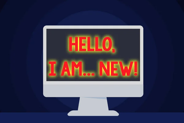 Tekst teken weergegeven: Hello I Am New. Conceptuele foto gebruikt groet of telefoongesprek lege ruimte Desktop Computer kleurrijke Monitor scherm vrijstaande op tafel beginnen. — Stockfoto