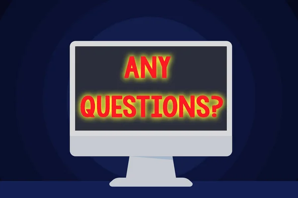 Text sign showing Any Questions Question. Conceptual photo you say write order to ask demonstrating about something Blank Space Desktop Computer Colorful Monitor Screen Freestanding on Table.