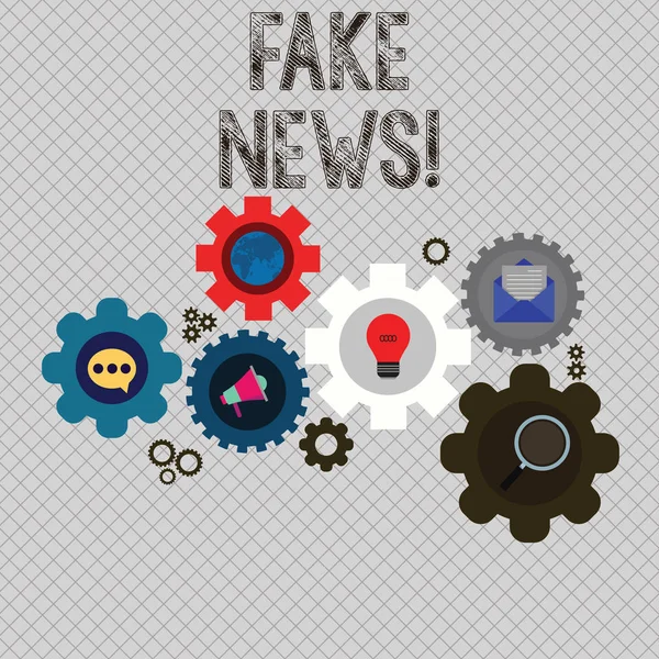 Schrijven van notitie weergegeven: Fake Nieuws. Zakelijke foto presentatie van valse verhalen die lijken te verspreiden op internet met behulp van andere media instellen van mondiale Online sociale netwerken pictogrammen Cog wiel Gear. — Stockfoto