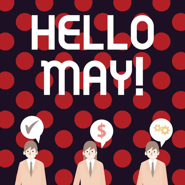 Escribir texto a mano Hello May. Concepto que significa dar la bienvenida al quinto mes del año considerado el mes pasado de primavera Empresarios Cada uno tiene su propia burbuja de habla con iconos de costo de optimización . — Foto de Stock