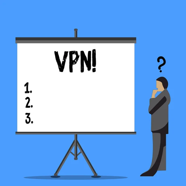 文字文字文本 Vpn. 商业概念为安全的虚拟专用网络跨机密领域保护商人与问号在他的头站立旁边空白屏幕. — 图库照片