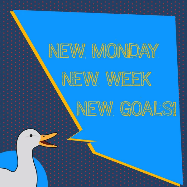 テキスト記号新しい月曜日新しい週新しい目標を示します。凹凸形状空白青い吹き出し始まる新鮮な目標ターゲット写真アヒル話すの概念的な写真さよなら週末. — ストック写真