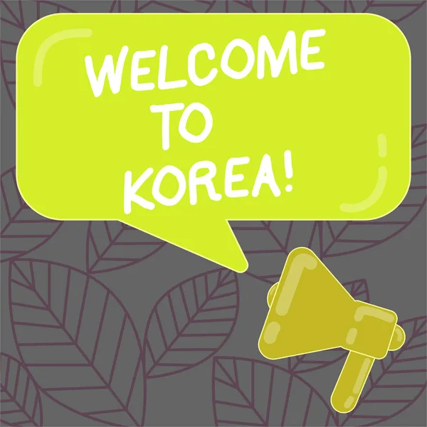 Schriftzug, der Korea willkommen heißt. Business-Foto präsentiert Ankunft in asiatischen modernen Land verschiedene Kultur Megafon und rechteckige Farbe Sprechblase mit Reflexion. — Stockfoto