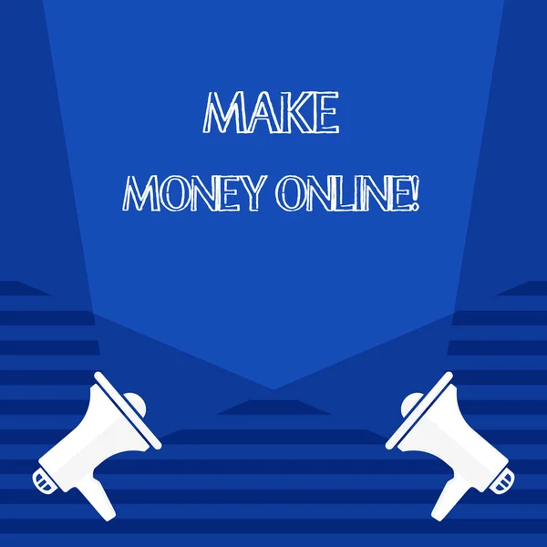 Tekst teken weergegeven: Make Money Online. Conceptuele foto maken van winst met behulp van internet zoals freelancen of marketing leeg dubbele Spotlight kriskras omhoog van twee megafoons op de verdieping. — Stockfoto