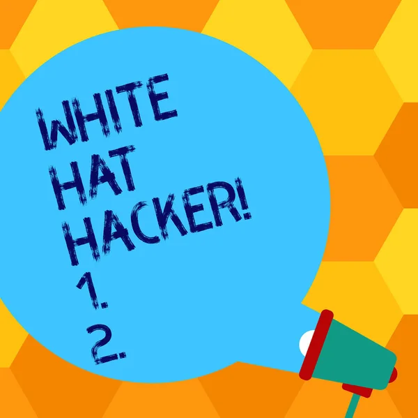 Handwriting text writing White Hat Hacker. Concept meaning Computer security expert specialist in penetration testing Blank Round Color Speech Bubble Coming Out of Megaphone for Announcement.