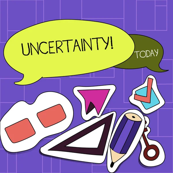 Handwriting text Uncertainty. Concept meaning Unpredictability of certain situations events behavior Two Blank Colorful Speech Balloon and Different Labels Sticker Style Icons. — Stock Photo, Image