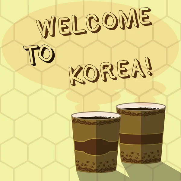 Tekst pisma ręcznego pisania Zapraszamy do Korei. Koncepcja czyli przyjazd do Azji kraj nowoczesny innej kultury dwa aby Go Cup z napojów i Steam ikonę puste dymek zdjęcie. — Zdjęcie stockowe