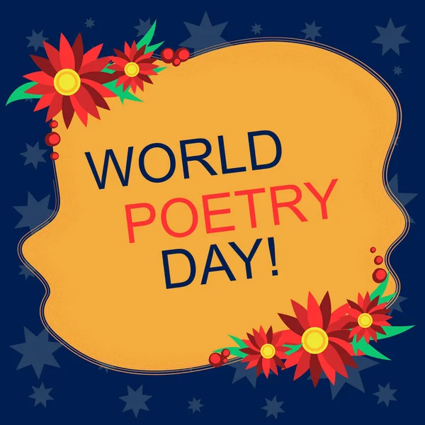 Schrijven van notitie weergegeven: World Poetry Day. Zakelijke foto presentatie van de viering van de wereldwijde literatuur leestijd boeken leeg ongelijke kleur vorm met bloemen rand voor kaarten uitnodiging advertenties. — Stockfoto