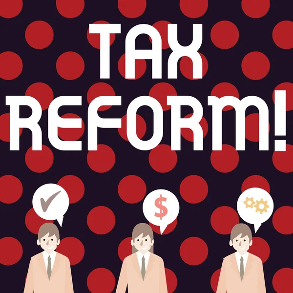 Handwriting text writing Tax Reform. Concept meaning process of changing way taxes are collected by government Businessmen Each has their Own Speech Bubble with Optimization Cost Icons. — Stock Photo, Image