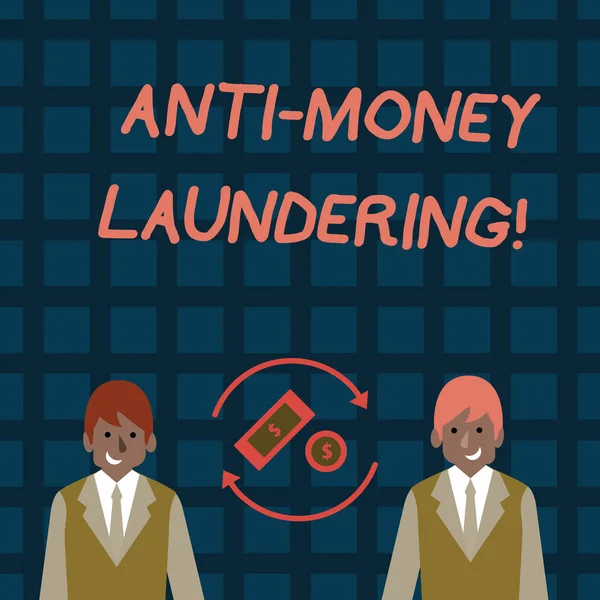 Word writing text Anti Money Laundering. Business concept for regulations stop generating income through illegal actions Money in Dollar Currency Sign Inside Rotating Arrows Between Two Businessmen.