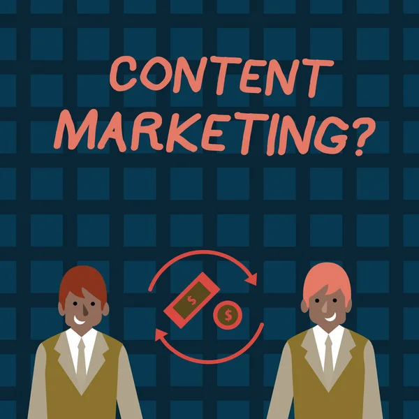 Szöveg írása Content Marketing kérdés szó. Üzleti koncepció magában foglalja a létrehozása és megosztása a dollár valuta jel belül forgó nyilak között két üzletemberek a pénzt online anyagok. — Stock Fotó