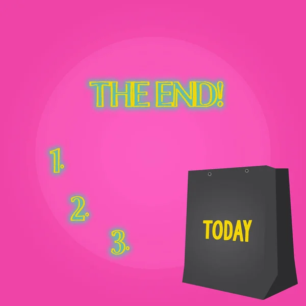 Text sign showing The End. Conceptual photo Conclusion of time for something ending of life Color Gift Bag with Punched Hole but Without Handle on Twotone Blank Space.