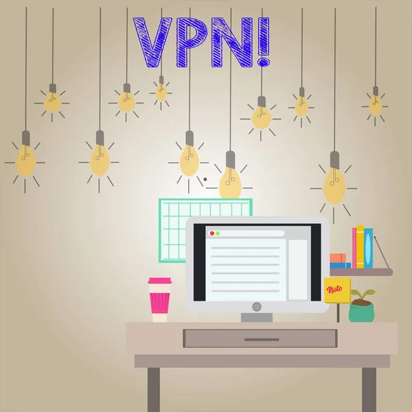 手写文本写作 Vpn. 概念意味着保护的虚拟专用网络跨机密域保护的照片内部工作空间站的技术人员概念. — 图库照片