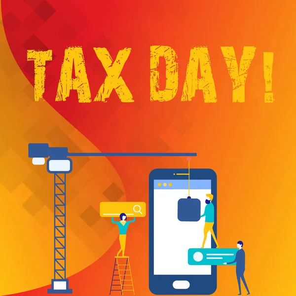 Word writing text tax day. Geschäftskonzept für den umgangssprachlichen Begriff für die Zeit, auf der die einzelnen Mitarbeiter der Einkommensteuererklärung für ein gemeinsames Ziel mit seo-Prozess-Symbolen zusammenarbeiten. — Stockfoto