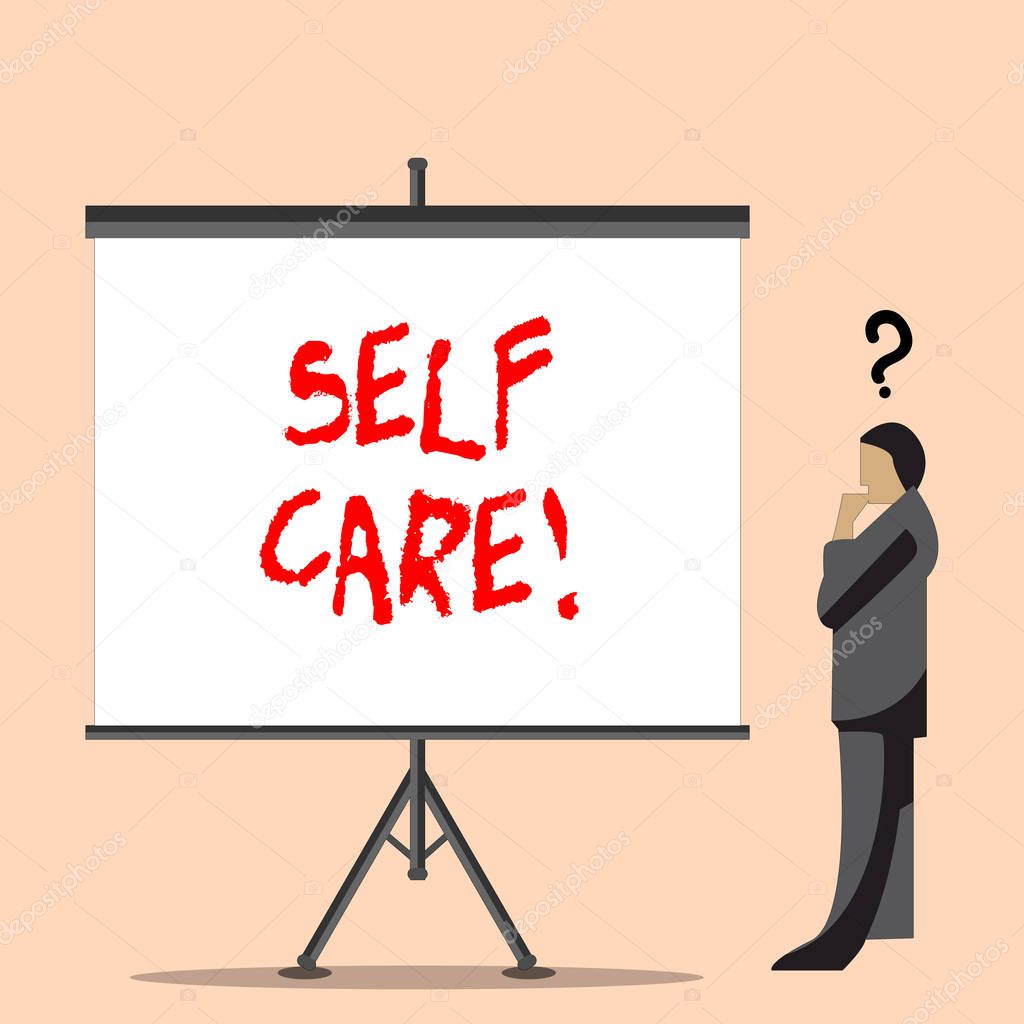 Word writing text Self Care. Business concept for practice of taking action preserve or improve ones own health Businessman with Question Mark Above his Head Standing Beside Blank Screen.