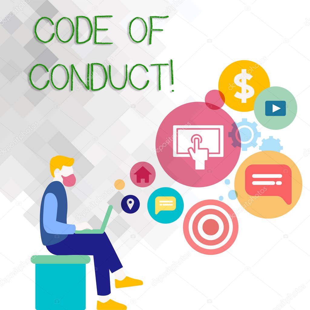 Text sign showing Code Of Conduct. Conceptual photo Follow principles and standards for business integrity Man Sitting Down with Laptop on his Lap and SEO Driver Icons on Blank Space.