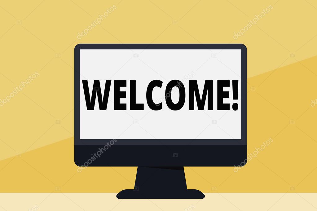 Word writing text Welcome. Business concept for Warm salutation acknowledgement for someone amiable loved thanked Blank Space Desktop Computer Colorful Monitor Screen Freestanding on Table.