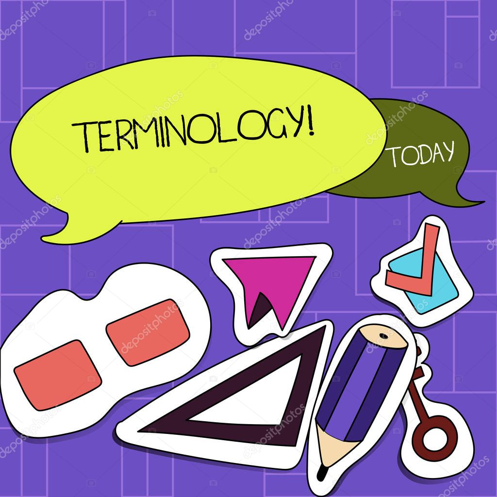 Handwriting text Terminology. Concept meaning Collection of terms used by different profession study industry Two Blank Colorful Speech Balloon and Different Labels Sticker Style Icons.