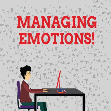 Metin yönetme duygular yazılı kelime. İş kavramı için yeteneği var olmak duyguları açın ve onlara kendini işadamı oturan düz sandalye çalışan bilgisayarda ve kitapları tablo içinde modüle.