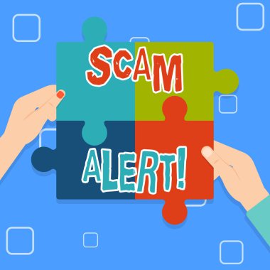 Scam Uyarısı gösterilen not yazma. Genellikle Multi renk Jigsaw Puzzle parçaları koymak birlikte insan eli tarafından gösterilen para almanın amacı ile yasadışı hüner vitrine iş fotoğraf.