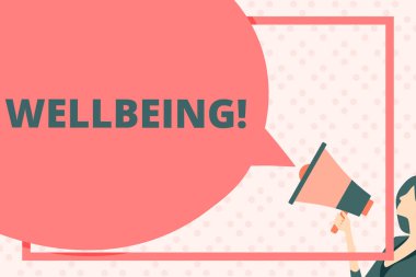 Refah yazma el yazısı metin. Gösteren yaşam çalışma şartlarına sağlıklı yaşam anlam kavramı büyük boş konuşma balonu yuvarlak şekil denge. Renkli megafon tutan ince kadın.