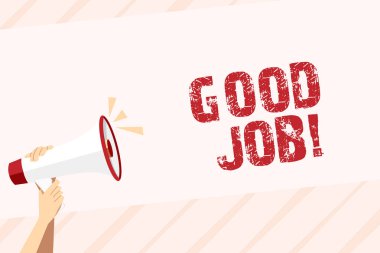 Kavramsal el iyi iş gösterilen yazma. Birisi bir şey için öven için kullanılan iş fotoğraf metin de insan el megafon ses simge ve metin alanı ile tutarak yaptılar.