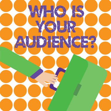 Kavramsal el kim Your izleyici soru gösterilen yazma. Kim izliyor veya dinlemeye vitrine iş fotoğraf acele işadamı sallandı geri ve basılı evrak çantası.