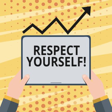 Kavramsal el saygı kendini gösteren yazma. İyi el Holding Tablet ilerici ok gidiş yukarıya doğru altında iyi ve varlık layık tedavi mümin vitrine iş fotoğraf.