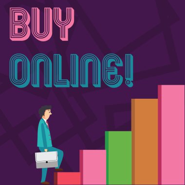 Kavramsal el Buy Online gösterilen yazma. Doğrudan mal taşıyan adam dalgın ifade tırmanma up bir çanta satın, tüketicilerin elektronik ticaret vitrine iş fotoğraf.