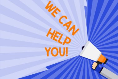 Word metin We Can Yardım You yazma. Müşterilere veya arkadaş el Holding hacim aralığı genişletmek için megafon boş geniş ışın ile iyi yardım sunan için iş kavramı.