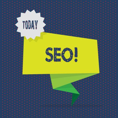 Kavramsal el SEO gösterilen yazma. Arama Motoru Optimizasyonu artış online pazarlama kanalı iki ton yeşil katlanmış geri Banner şerit damga etiketi ile vitrine iş fotoğraf.