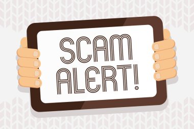 Scam Uyarısı yazma el yazısı metin. Kavram anlam yasadışı hüner genellikle geri of aracın rengi Tablet Smartphone boş ekran el ile gösterilen para almanın amacı ile.