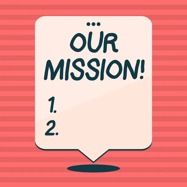 Writing note showing Our Mission. Business photo showcasing serves as clear guide for choosing current and future goals White Speech Balloon Floating with Three Punched Hole on Top.