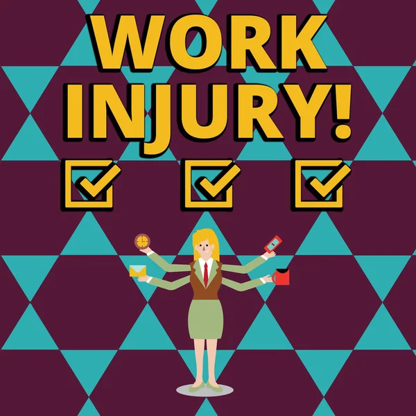 Text sign showing Work Injury. Conceptual photo accident that occurred during and as result of working Businesswoman with Four Arms Extending Sideways Holding Workers Needed Item.