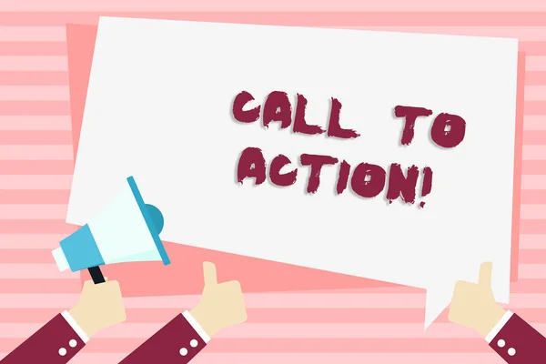 Handwriting text Call To Action. Concept meaning most important part of online digital marketing campaign Hand Holding Megaphone and Other Two Gesturing Thumbs Up with Text Balloon.