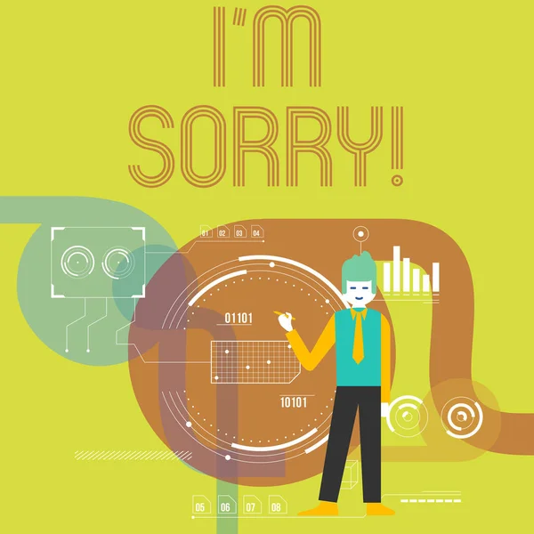 Writing note showing I M Sorry. Business photo showcasing telling someone that you are ashamed or unhappy about something Man Holding Pen Pointing to Chart Diagram SEO Process Icons. — Stock Photo, Image