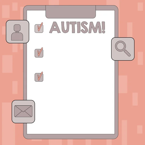 Escrevendo uma nota mostrando o autismo. Foto de negócios mostrando Autismo Conscientização conduzida pelo comitê social ao redor do globo Clipboard com Tick Box e Apps para Avaliação e Lembrete . — Fotografia de Stock
