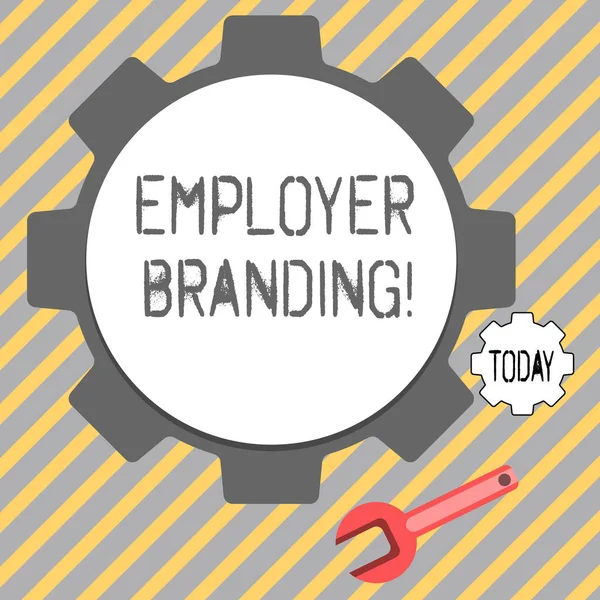 Writing note showing Employer Branding. Business photo showcasing promoting company employer choice to desired target group Wheel Gear and Wrench Mechanical Tool for SEO and Web Icon.