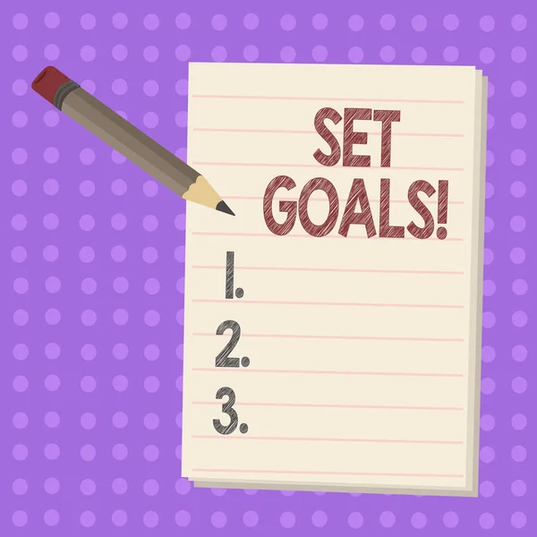 Escrevendo nota mostrando Set Goals. Foto de negócios mostrando processo de identificação de algo que você deseja realizar Lápis com Borracha e Almofada em Dois Toned Polka Dot Background . — Fotografia de Stock