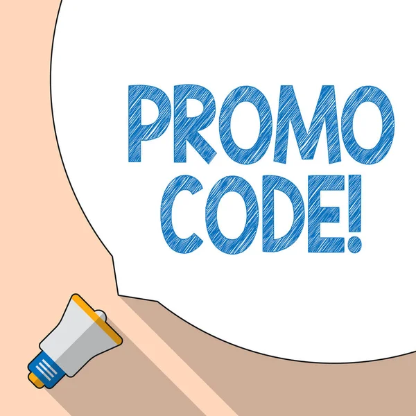 Writing note showing Promo Code. Business photo showcasing consisting letters numbers consumers can enter obtain discount White Speech Bubble Occupying Half of Screen and Megaphone.