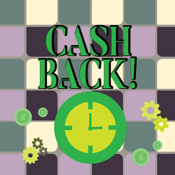 Writing note showing Cash Back. Business photo showcasing incentive offered buyers whereby receive money after purchasing Time Management Icons of Clock, Cog Wheel Gears and Dollar.