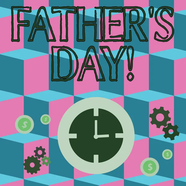 Writing note showing Father S Day. Business photo showcasing day of year where fathers are particularly honoured by children Time Management Icons of Clock, Cog Wheel Gears and Dollar.