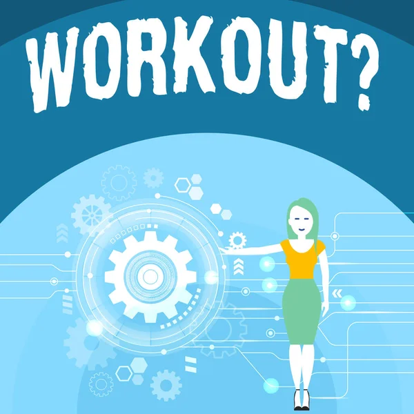 Writing note showing Workoutquestion. Business photo showcasing Activity for wellness bodybuilding training exercising Woman Presenting the SEO Process with Cog Wheel Gear inside. — Stock Photo, Image