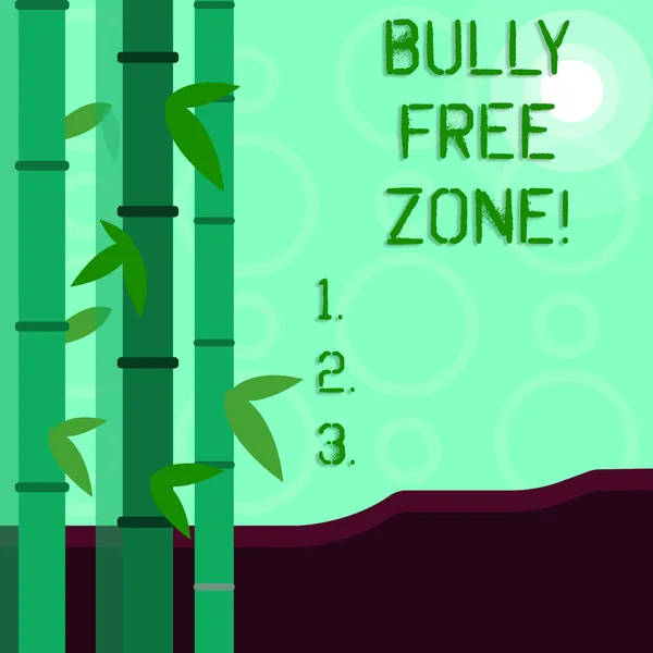 Escritura a mano conceptual que muestra Bully Free Zone. Foto de negocios mostrando la creación de abuso escuela gratis vida universitaria Colorido conjunto de hojas de bambú y la luna o el sol con el haz redondo . — Foto de Stock