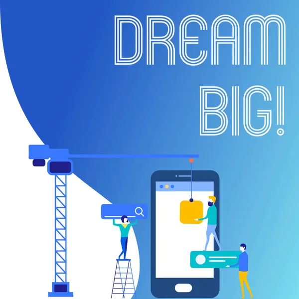 Text sign showing Dream Big. Conceptual photo seeking purpose for your life and becoming fulfilled in process Staff Working Together for Common Target Goal with SEO Process Icons. — Stock Photo, Image