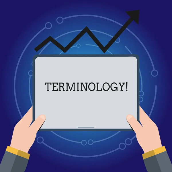 Nota escrita que muestra Terminología. Exhibición de fotos de negocios Colección de términos utilizados por diferentes industrias de estudio de profesión Tableta de mano bajo la flecha progresiva hacia arriba . — Foto de Stock